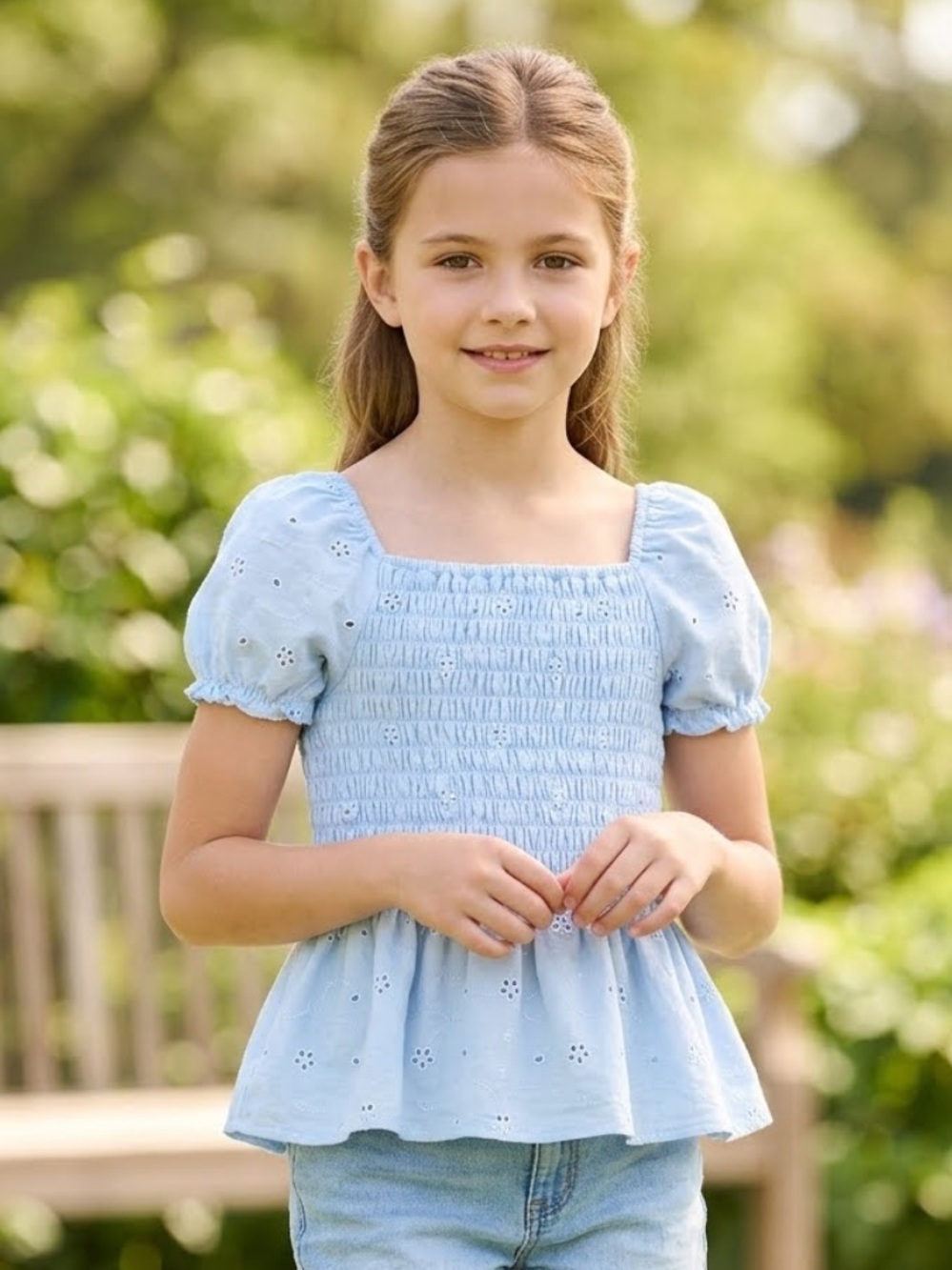 Speechless Light Blue Smocked Peplum Eyelet Top for Girls - size large